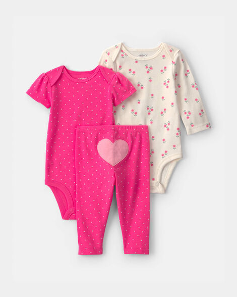 baby girl 3-piece heart bodysuit & pant set - pink/ivory