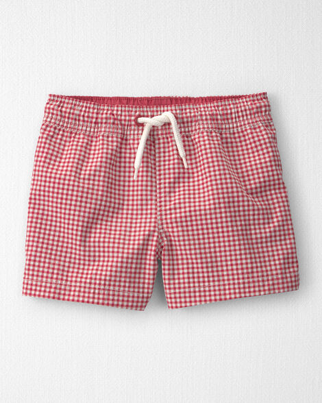 Toddler Boy Recycled Swim Trunks in Red Gingham