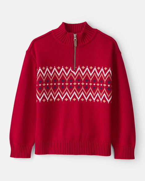 boys fair isle cotton quarter-zip long-sleeve sweater - red