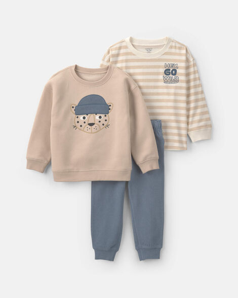 toddler boy 3-piece 'hey go wild' cheetah striped fleece long-sleeve layering set