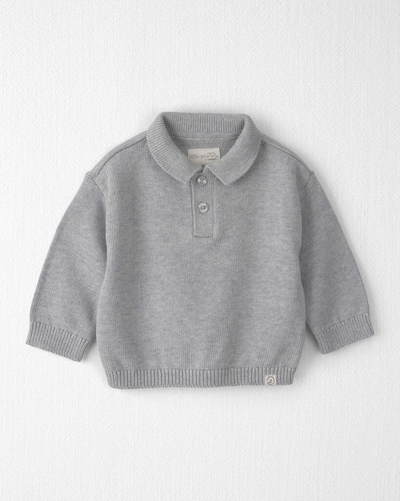 Little Planet Baby Boy Organic Cotton Sweater Knit Polo 12M Heather Grey