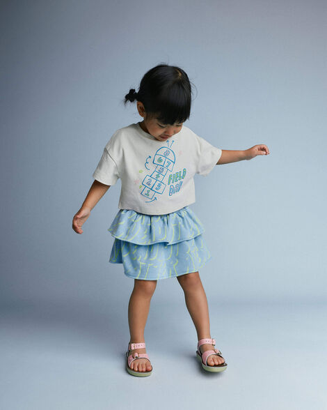 Toddler Girl Smocked Tiered Skirt in Otter Avenue Print - Light Blue/Lime Green