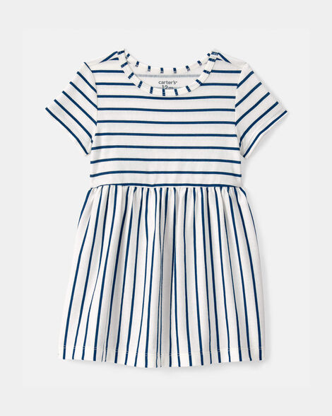 baby girl striped short-sleeve dress - blue/ivory