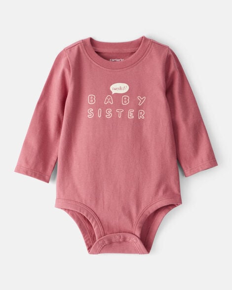 baby girl sweetest baby sister cotton long-sleeve graphic bodysuit - pink