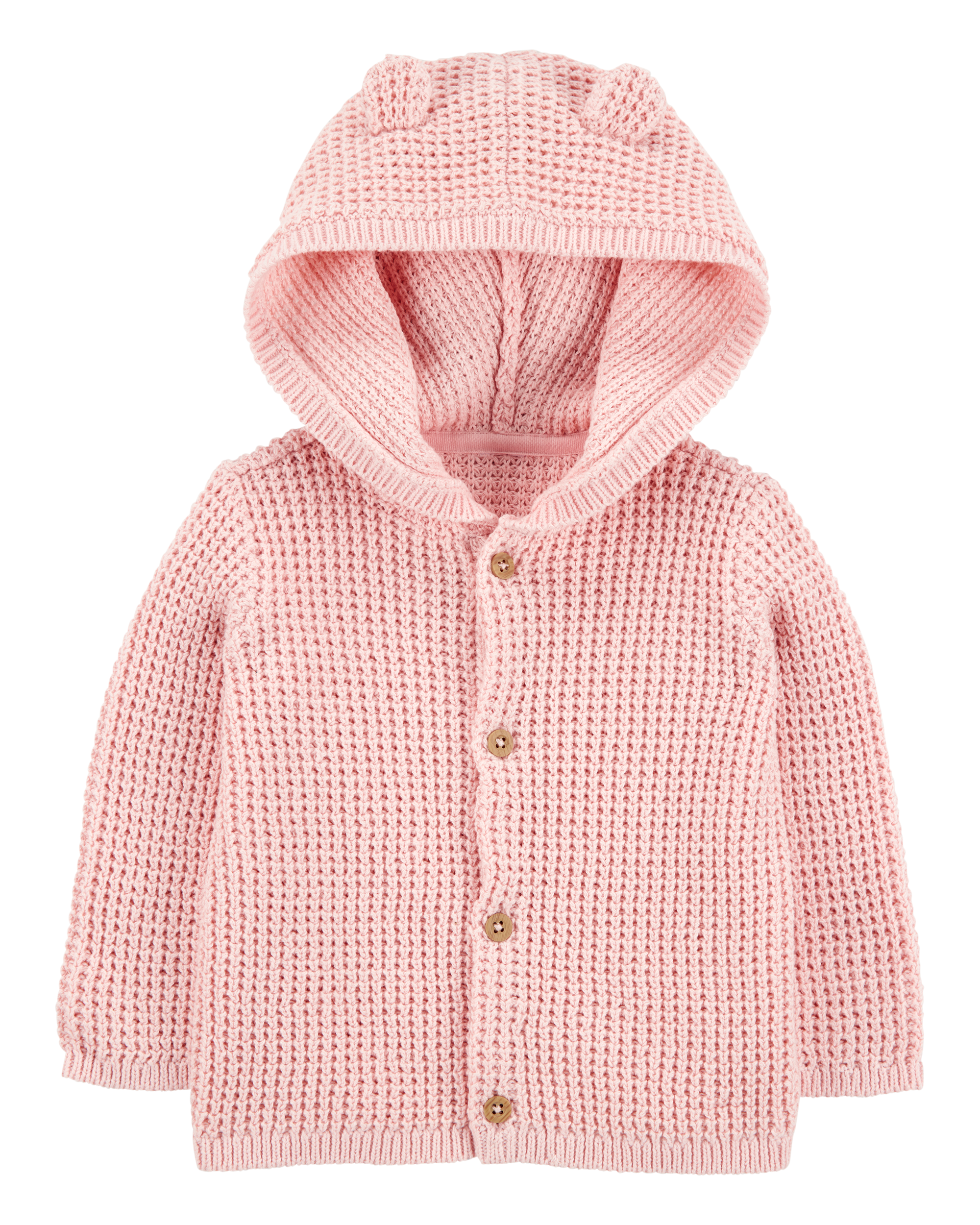 Baby Hooded Waffle Knit Cardigan - Pink