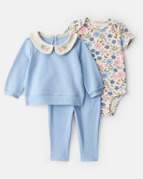baby girl 3-piece floral collared cardigan outfit set - blue