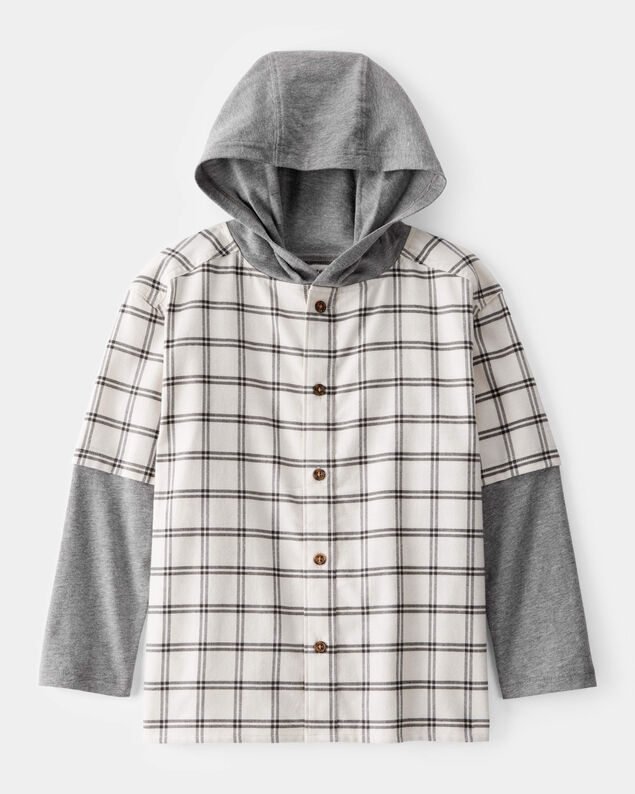 Product image 1 of Boys Plaid Layered-Look Button-Down Hooded Tee - Grey