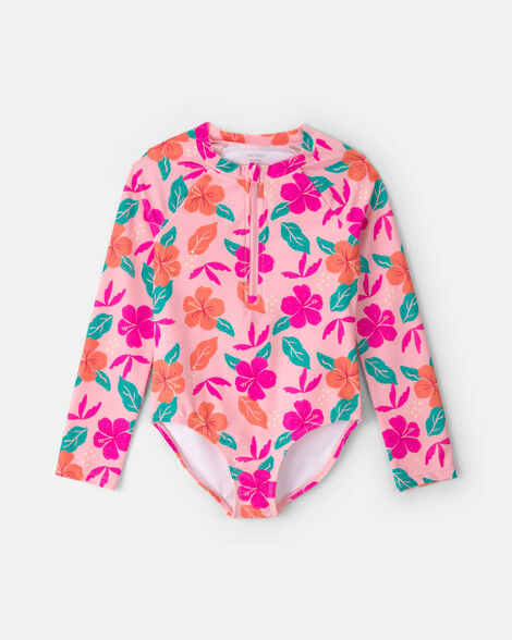 girls floral rashguard - pink/orange