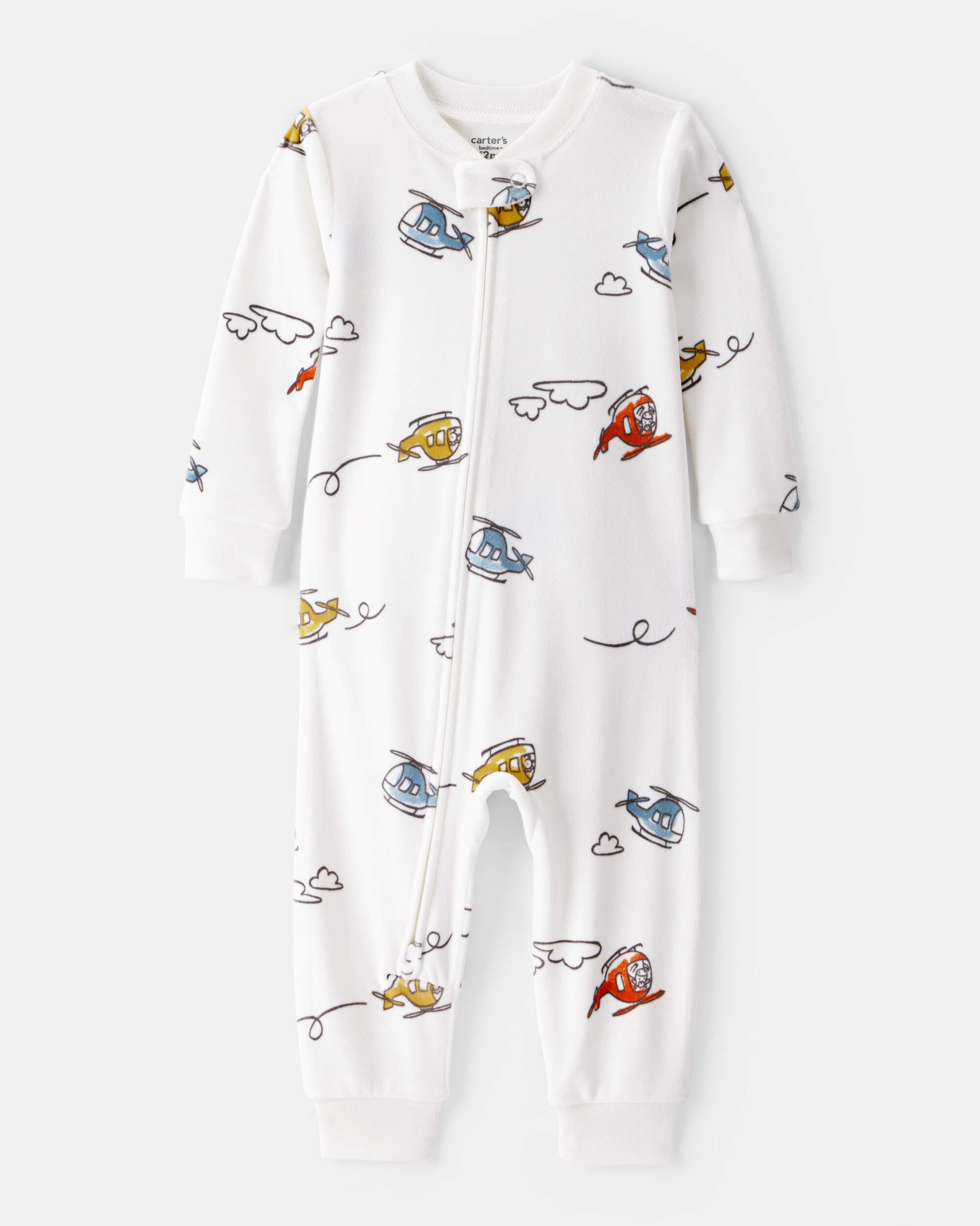 Baby Boy Helicopter Print Snug Fit Long-Sleeve 2-Way Zip 1-Piece Pajamas - White