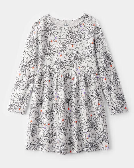 girls halloween spiderwebs long-sleeve dress - black/white