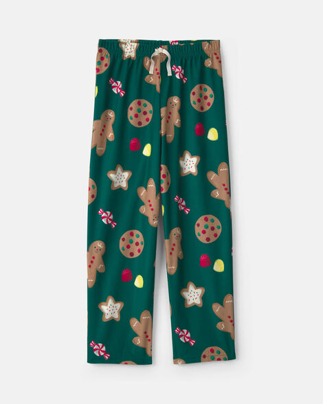 kids christmas gingerbread fleece loose fit pajama bottoms - green