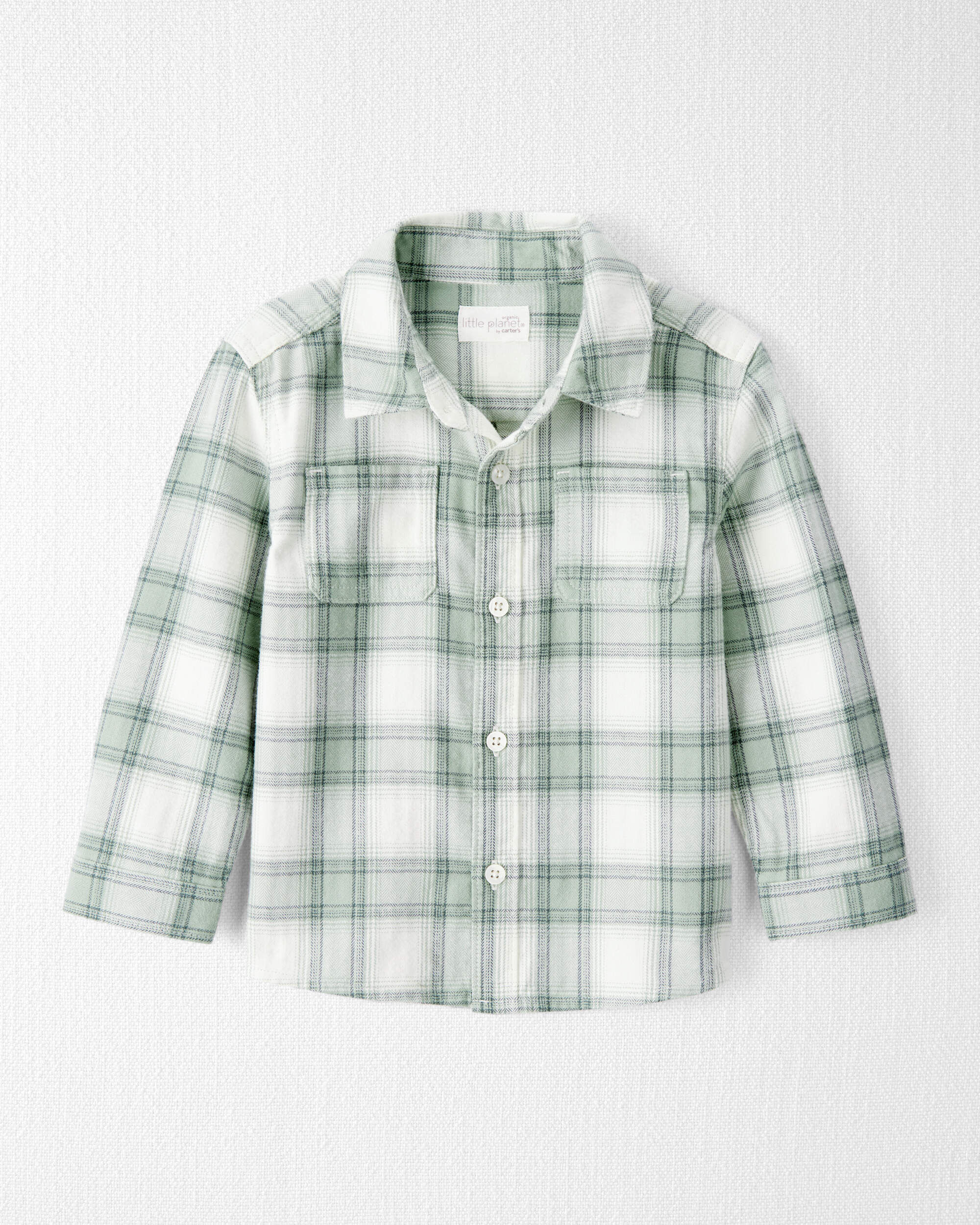 Little Planet Toddler Boys Boy Organic Cotton Herringbone Button-Front Shirt In Plaid Toddler Size 3T Green Ivory 16$