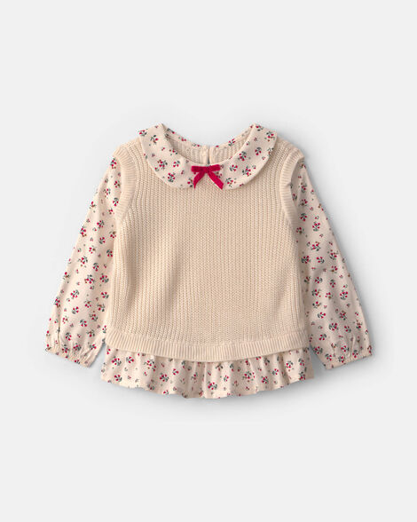 toddler girl collared floral sweater - cream