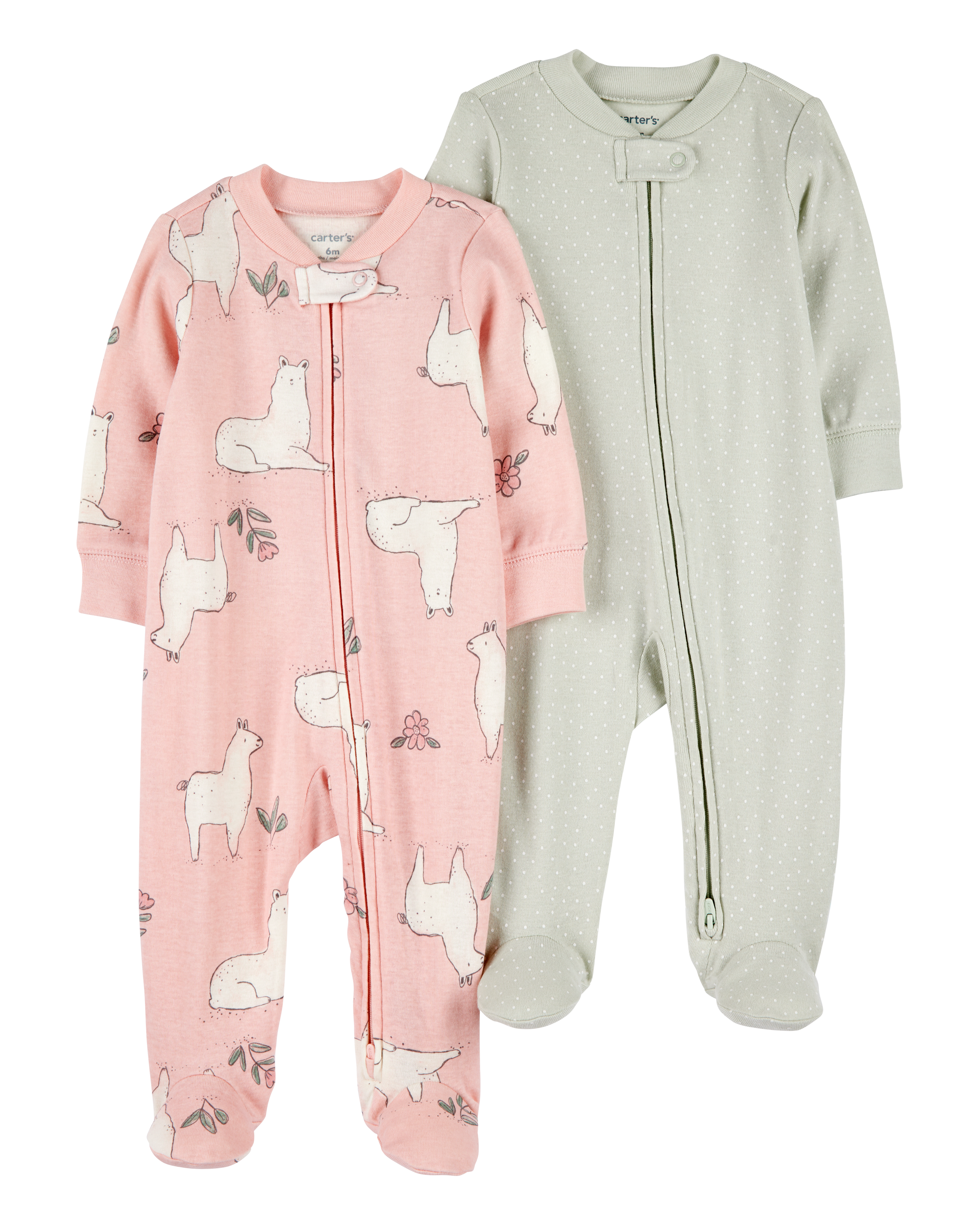 Baby 2-Pack 2-Way Zip Cotton Sleep & Play Pajamas - Pink/Green