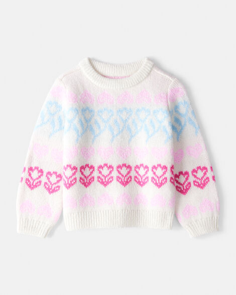 toddler girl floral fairisle sweater - pink/white