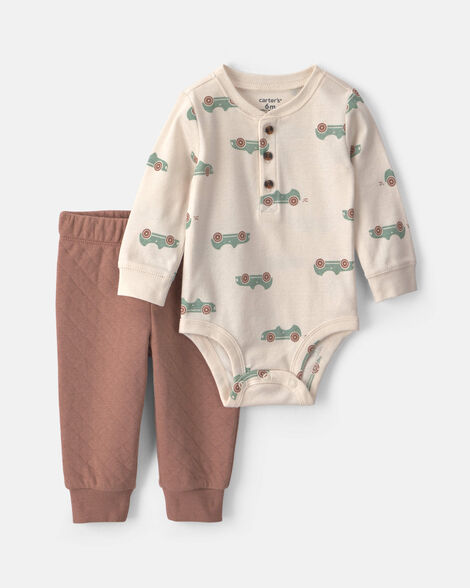 baby boy 2-piece car long-sleeve bodysuit & pant set - brown/cream