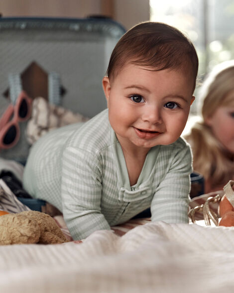  Product image 3 of Baby Boy Striped 2-Way Zip Ribbed Sleep & Play Pajamas - Green/White