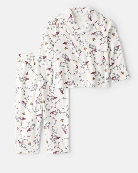 toddler peanuts snoopy print fleece long-sleeve loose fit 2-piece pajamas - white