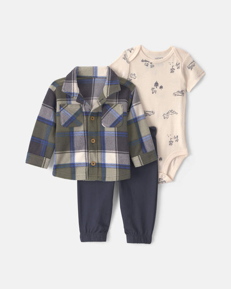baby boy 3-piece plaid fleece layering set - green/navy blue