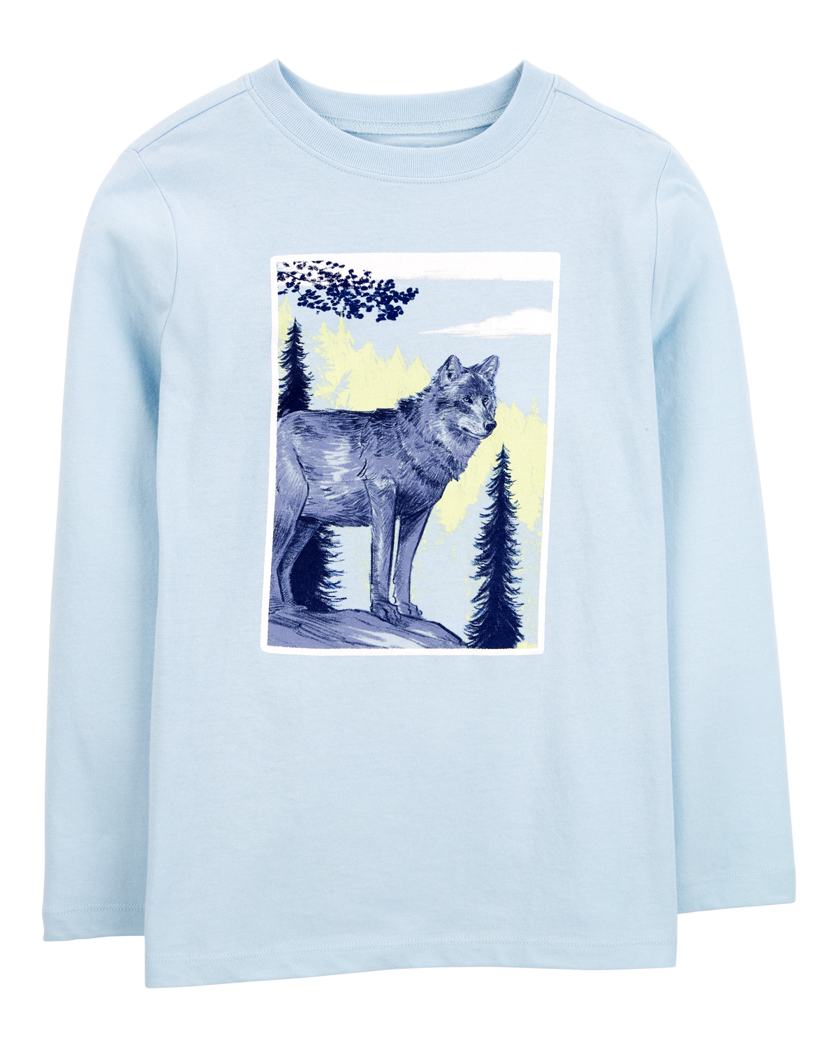 Kid Wolf-Print Long-Sleeve Graphic Tee - Blue