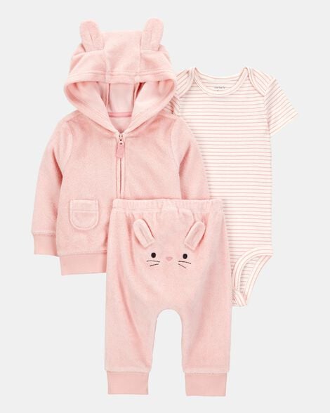 baby 3-piece bunny little cardigan set - pink
