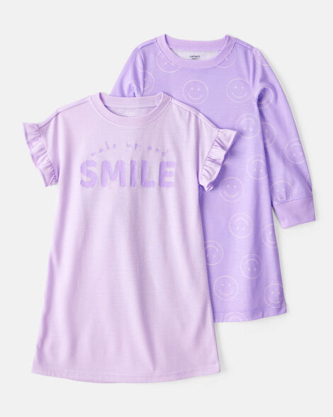 girls 2-pack smiley face nightgowns - purple