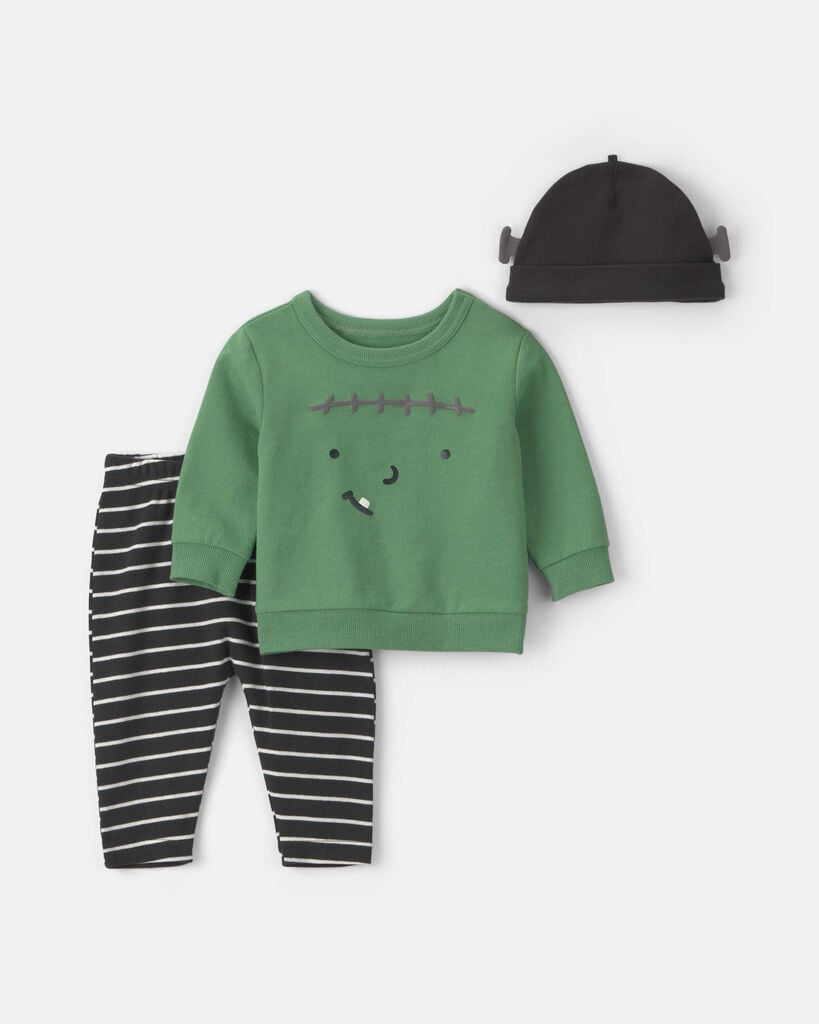 Carter's Baby Boys' and Girls' Halloween Monster Top, Pants and Hat, 3-Piece Set - Black, Green