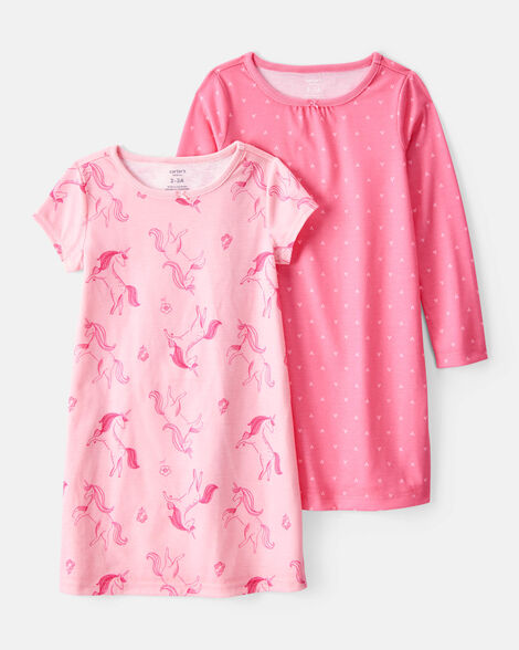 girls 2-pack unicorn hearts nightgowns - pink