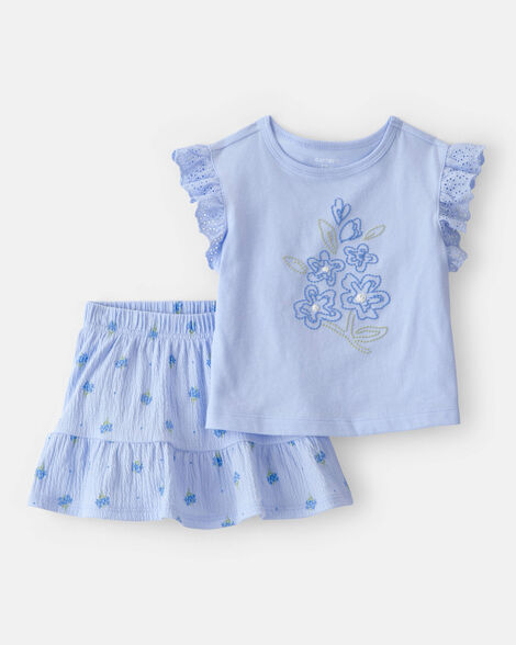 baby girl 2-piece floral top & skort set - blue