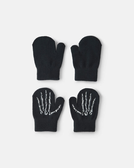 toddler boy 2-pack skeleton halloween mittens - black
