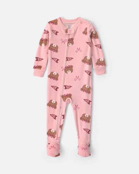 toddler girl 1-piece bears & bows dreamplush snug fit footed pajama - pink