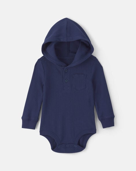 Baby Boy Thermal Long-Sleeve Hooded Bodysuit - Navy Blue