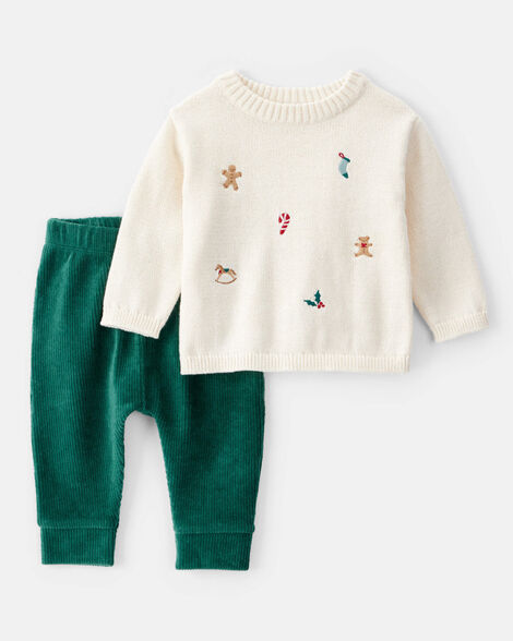 baby boy holiday print long-sleeve sweater & pant set - white