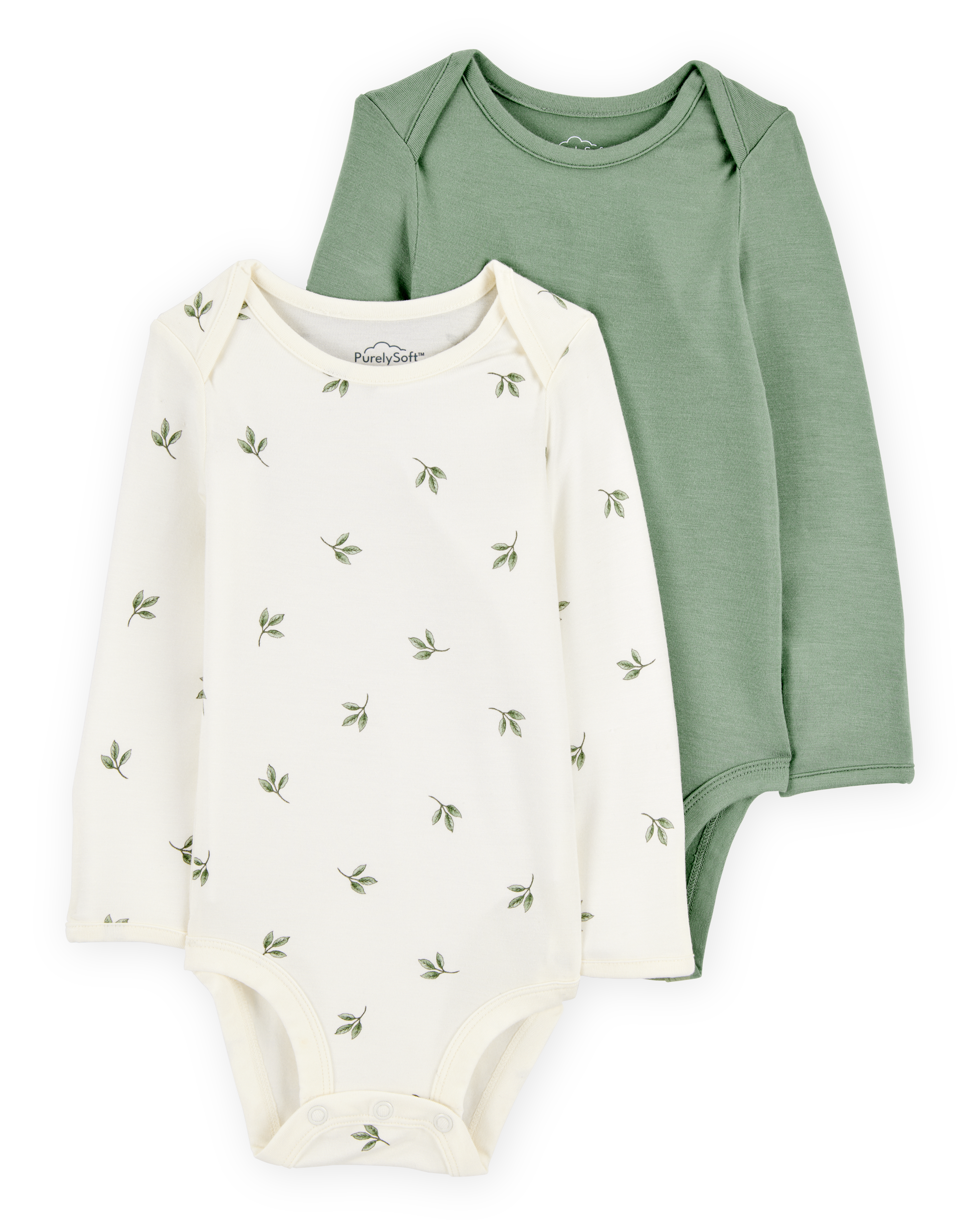 Baby 2-Pack Long-Sleeve PurelySoft Bodysuits - Green/Ivory