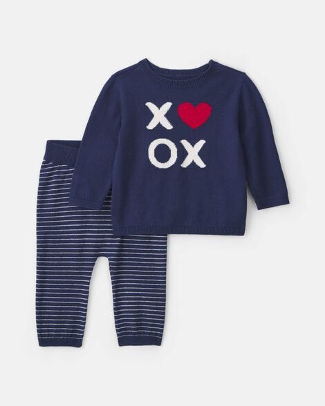 baby boy 2-piece heart 'xoxo' valentine's day long-sleeve top & pant set - navy blue