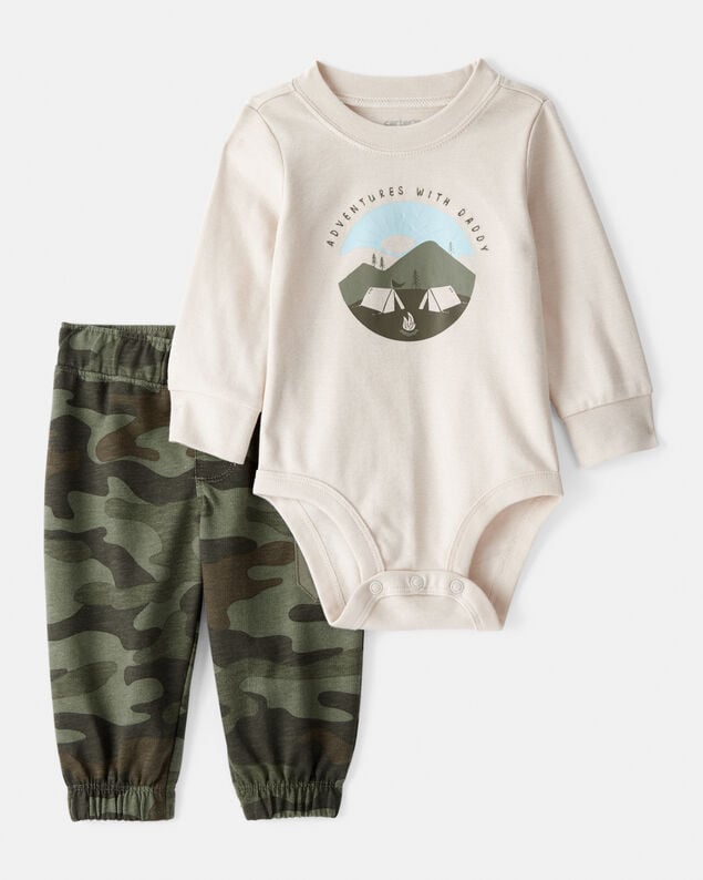 Product image 1 of Baby Boy Camping Camo Cotton Long-Sleeve Bodysuit & Pant Set - Green/Beige