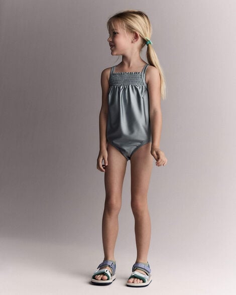 Toddler Girl Smocked One-Piece Swimsuit - Pale Blue