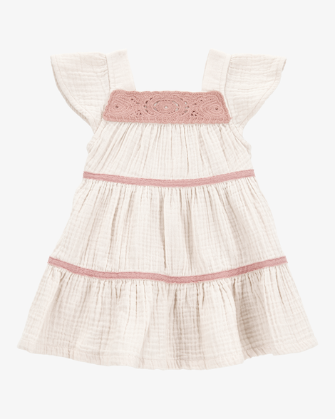 baby girl striped tiered dress - white/pink