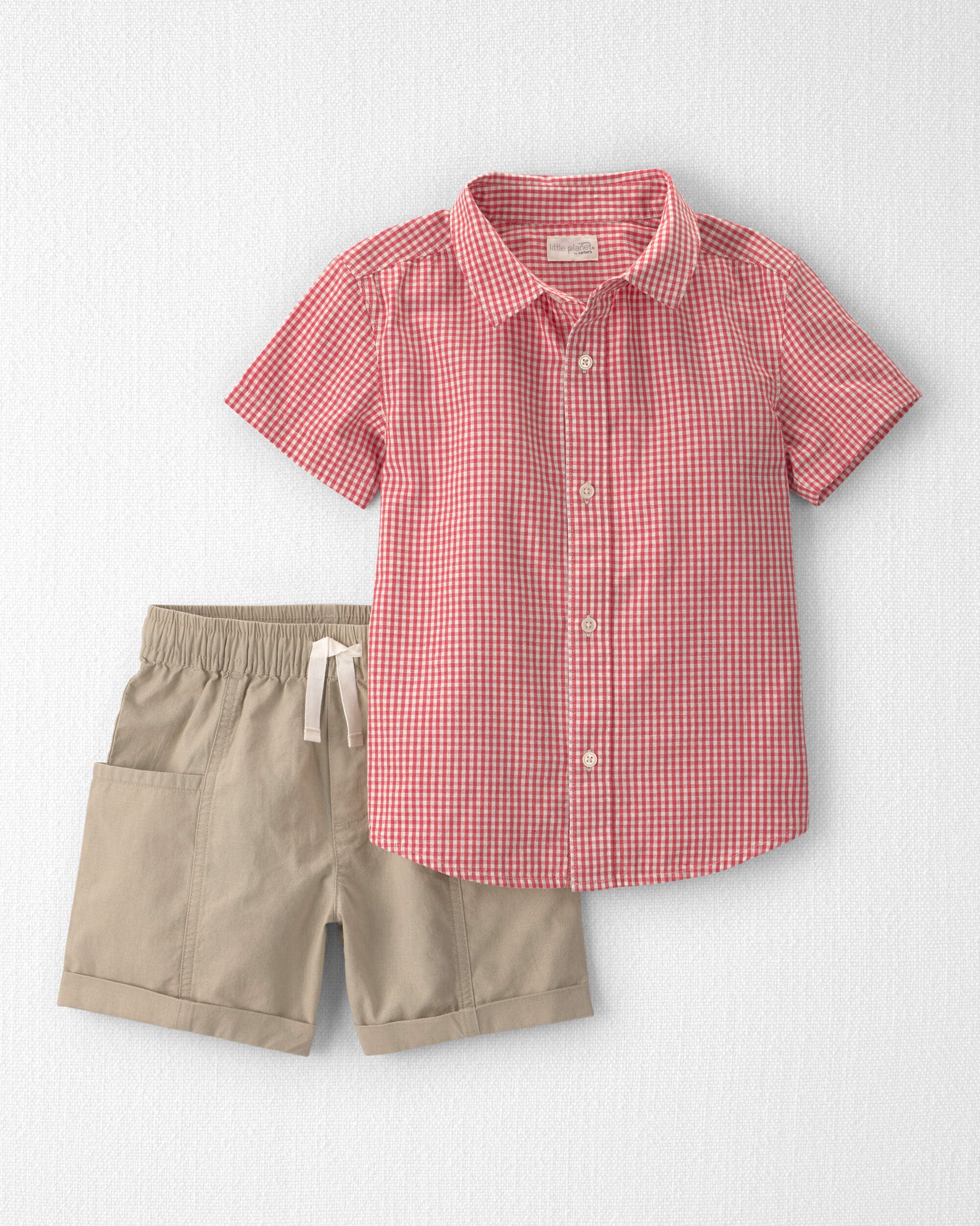 Little Planet Boys 2-Piece Top Shirt Set Made with Organic Cotton in Red Gingham 6 Red Gingham Khaki Expedition 34$