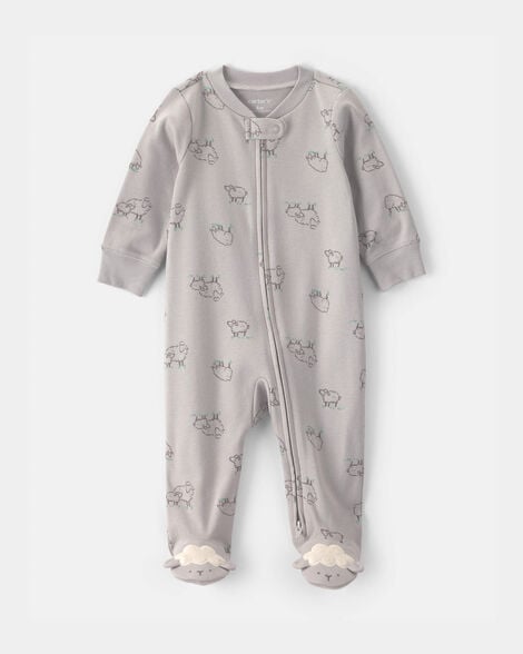 baby sheep 100% cotton 2-way zip sleep & play pajamas - grey