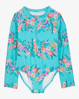 Product image 1 of Kid 1-Piece Floral Print Rashguard Swimsuit - Turquoise
