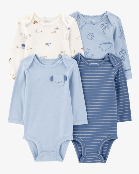baby 4-pack farm dog long-sleeve multipack bodysuits - blue/ivory