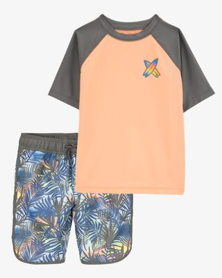 Product image 1 of Kid 2-Piece Tropical Print Short-Sleeve Rashguard & Swim Trunks Set - Oragne/Grey