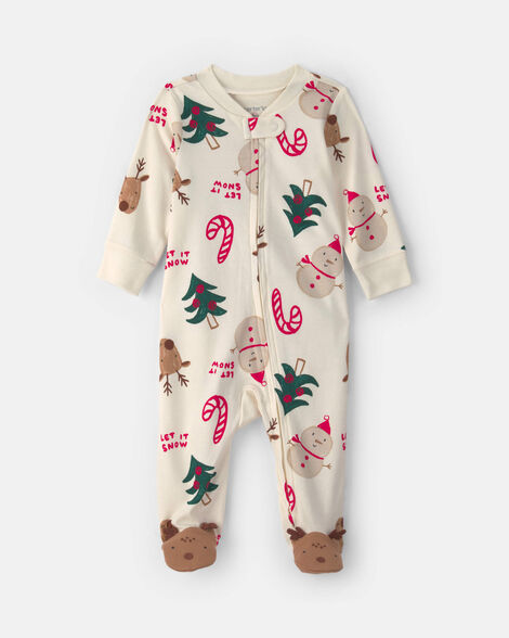 baby christmas icon 100% cotton 2-way zip sleep & play pajamas - cream