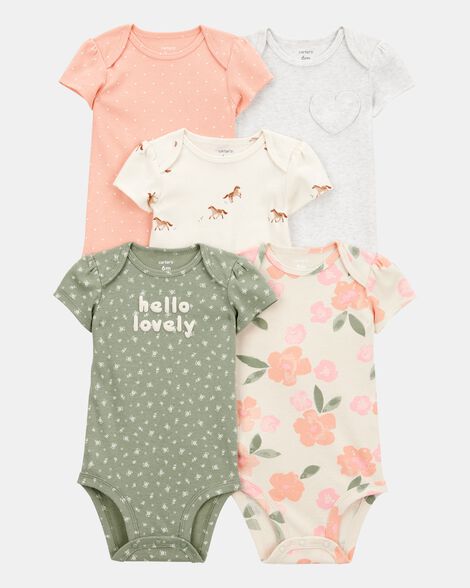 baby girl 5-pack floral horses short-sleeve cotton bodysuits - pink/green