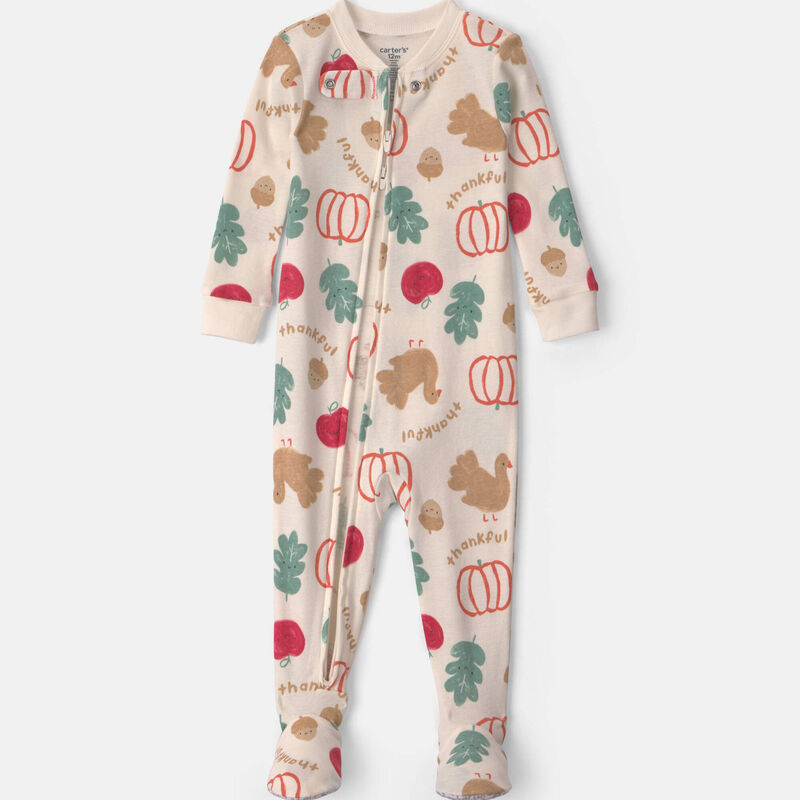 Baby 1-Piece Thanksgiving 2-Way Zip 100% Cotton Snug Fit Footed Pajama - Cream