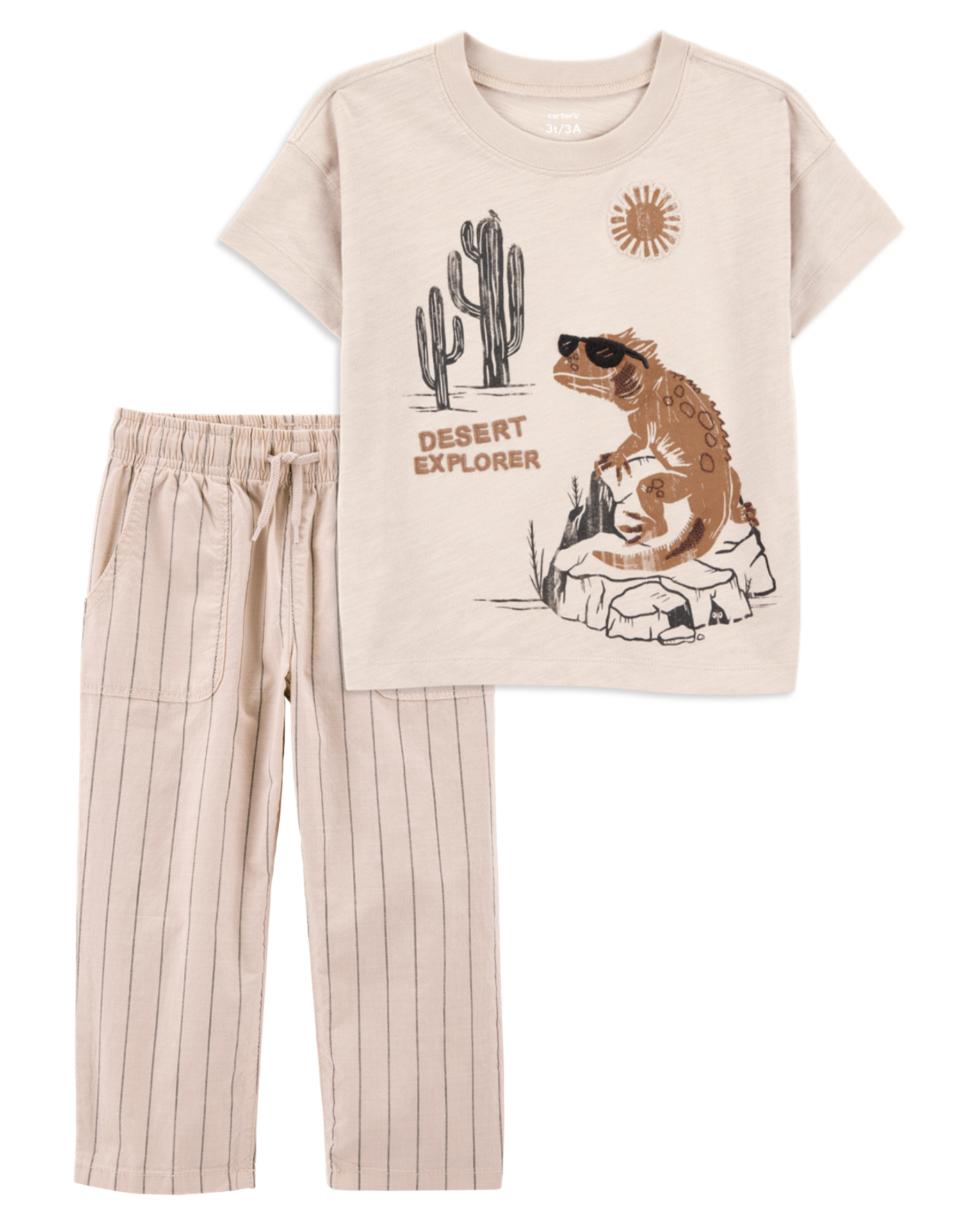 Baby 2-Piece Desert Lizard Graphic Tee & Striped Pants Set - Ivory/Tan