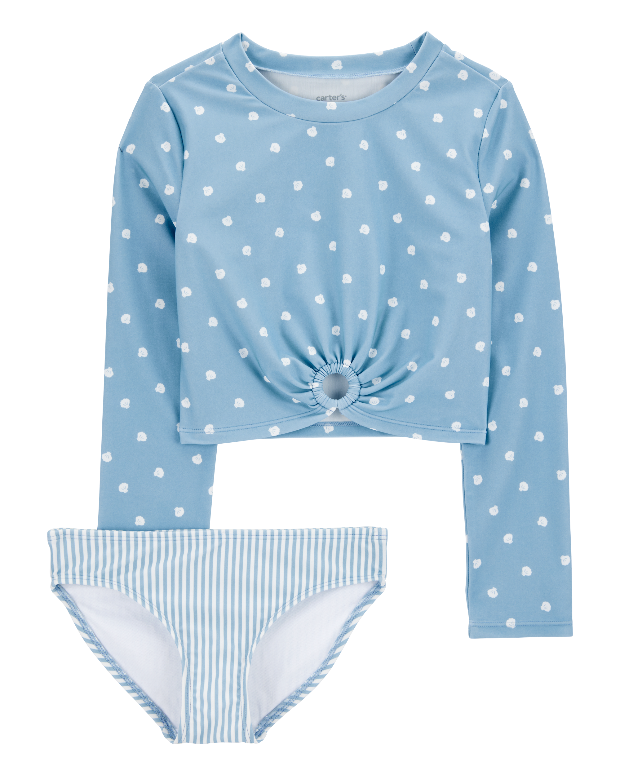 Girls 2-Piece Shell Striped Long-Sleeve Rashguard Swim Set - Blue
