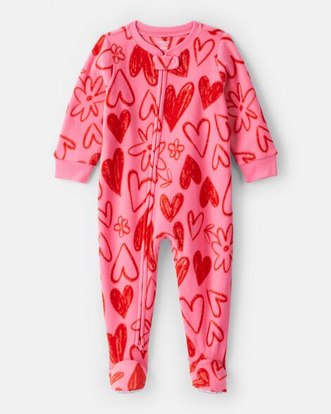 baby girl heart fleece long-sleeve loose fit 1-piece pajamas - pink/red