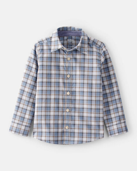 Toddler Boy Plaid Cotton Long-Sleeve Button-Down Shirt - Blue